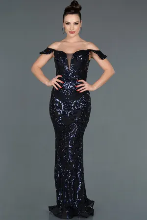 16002 Navy Blue Off-Shoulder Sequined Dress