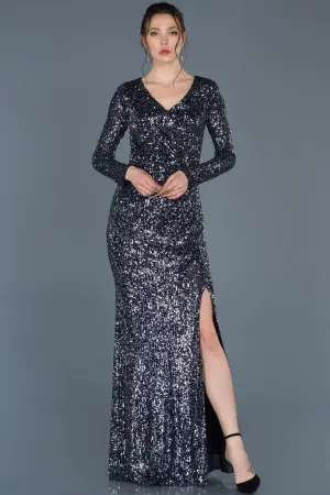 16745 Navy Blue-Silver Sequined Slit Dress