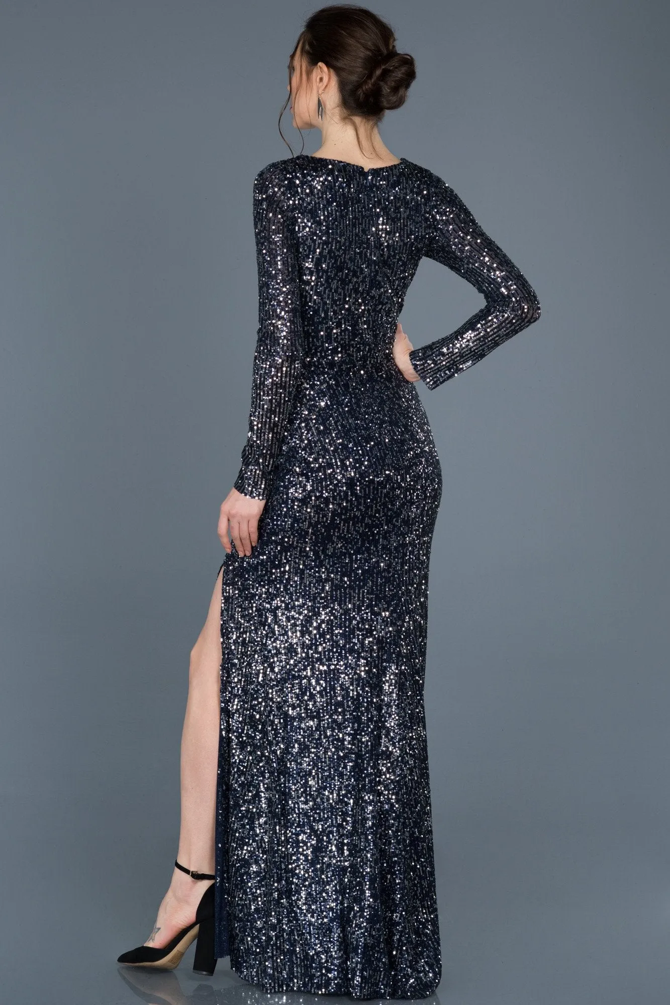 16745 Navy Blue-Silver Sequined Slit Dress