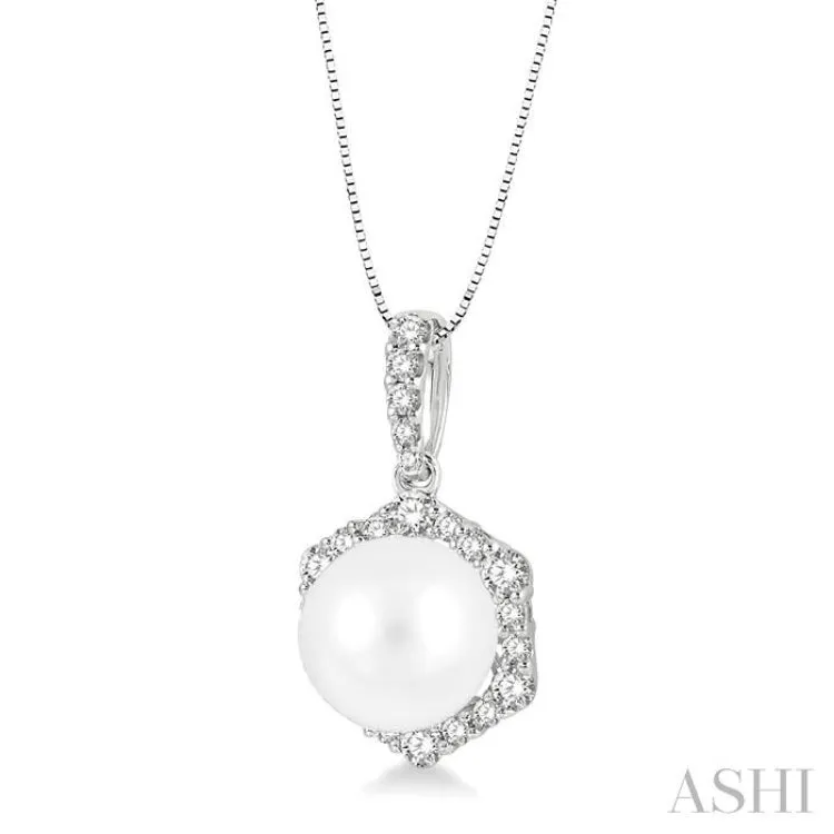 8X8MM Pearl and 1/3 Ctw Hexagon Shape Round Cut Diamond Pendant With Chain in 14K White Gold