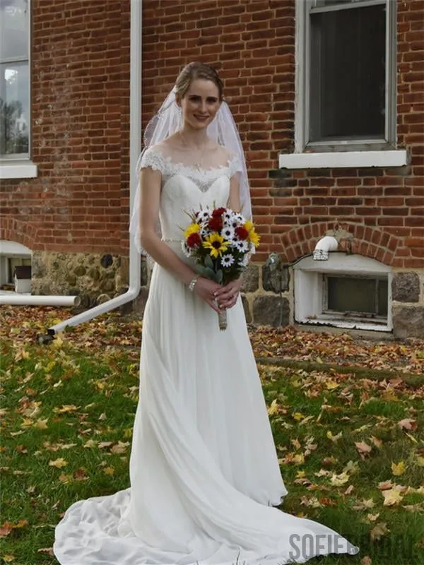 A-line Off-shoulder Lace Top Beading Wedding Dresses With Train, WD0311