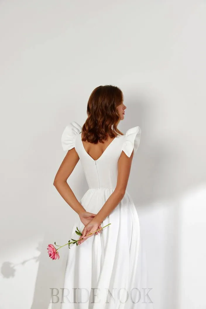 A-Line Tea Length White Wedding Dress With Ruffle Sleeves