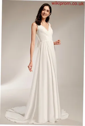 A-Line V-neck Norma Court Dress Train Wedding Dresses Chiffon Lace Wedding With