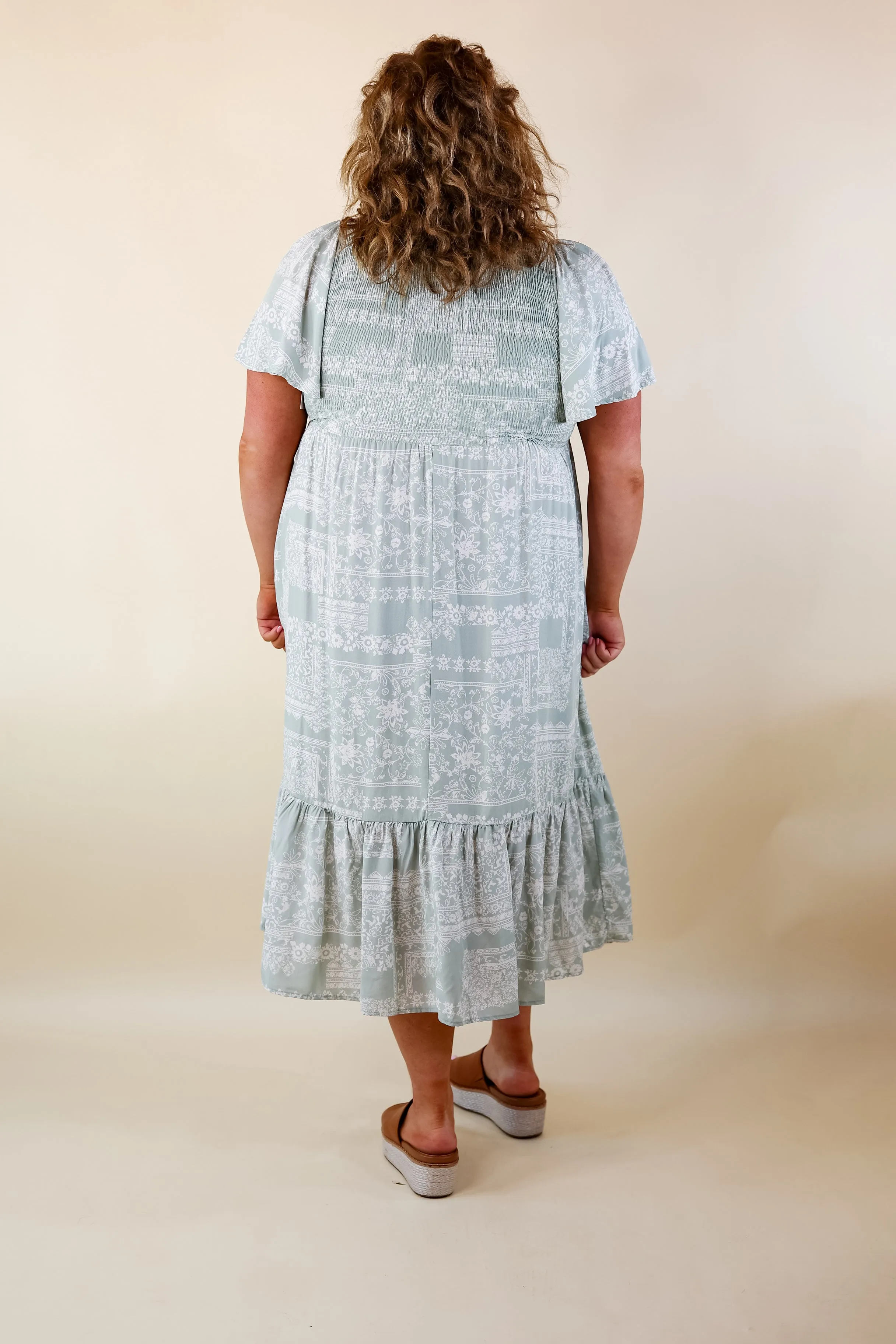 Adore The Shore Block Print Midi Dress with Smocked Bodice in Sage Green