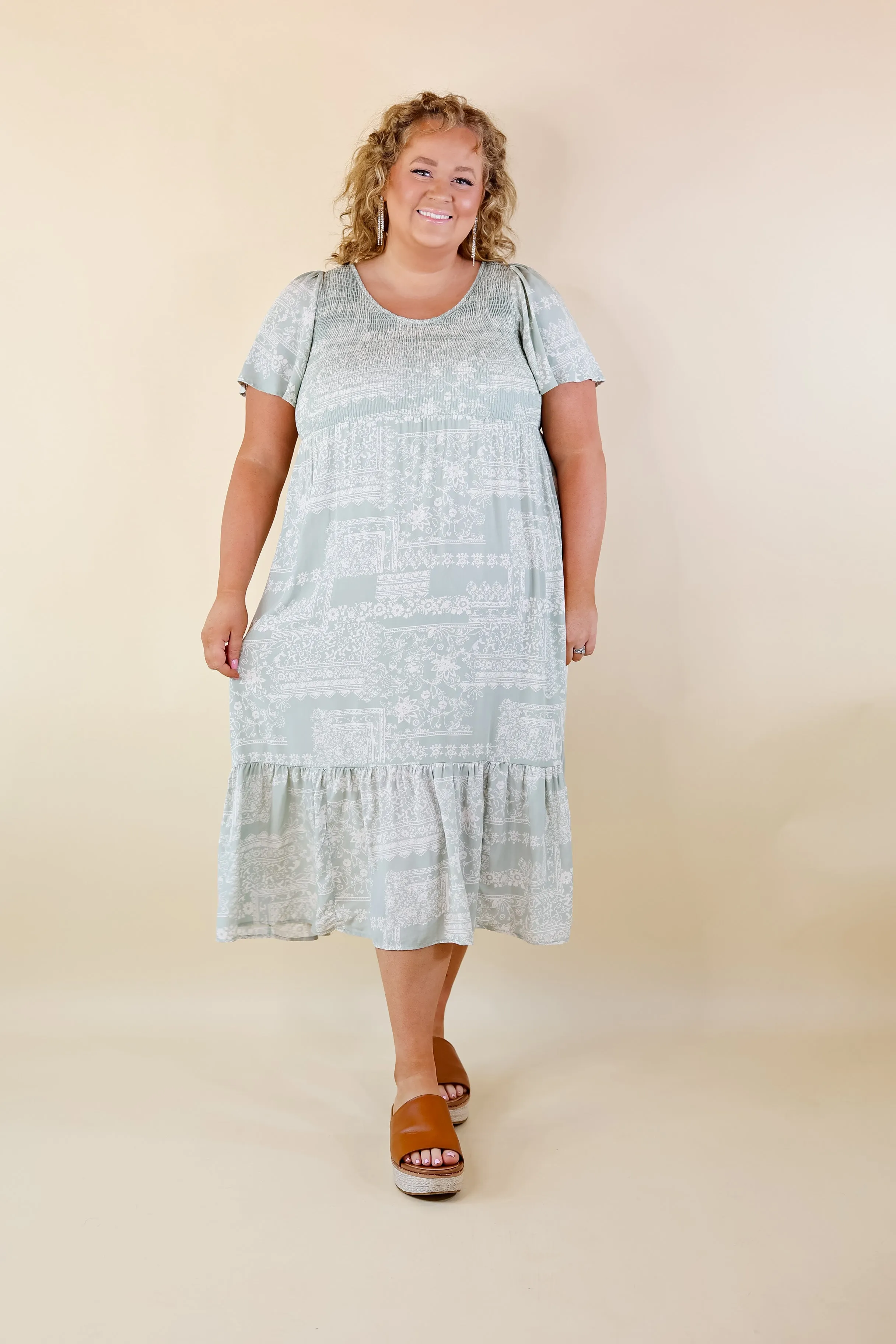 Adore The Shore Block Print Midi Dress with Smocked Bodice in Sage Green