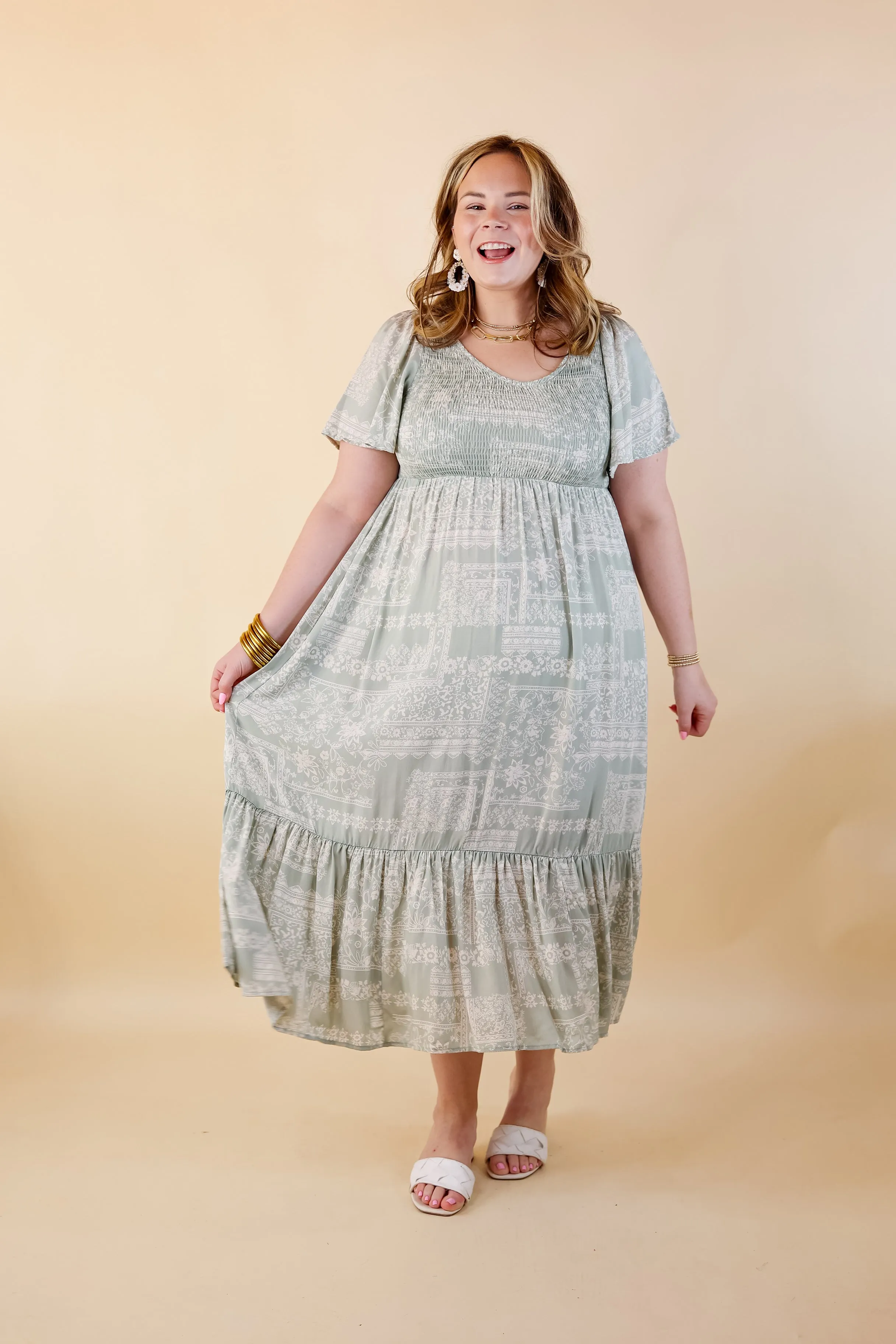 Adore The Shore Block Print Midi Dress with Smocked Bodice in Sage Green