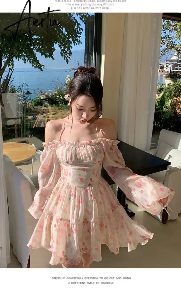 Aiertu Summer Floral Dress Women Slash Neck Female Long Sleeve Fairy Dress Off Shoulder Pink A-line Elegant  Beach Short Dresses