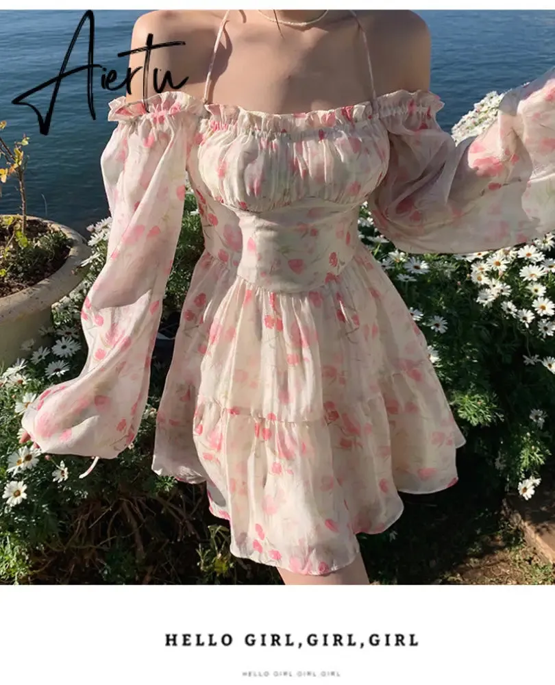 Aiertu Summer Floral Dress Women Slash Neck Female Long Sleeve Fairy Dress Off Shoulder Pink A-line Elegant  Beach Short Dresses