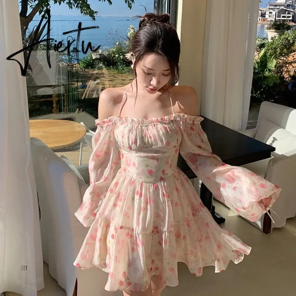 Aiertu Summer Floral Dress Women Slash Neck Female Long Sleeve Fairy Dress Off Shoulder Pink A-line Elegant  Beach Short Dresses