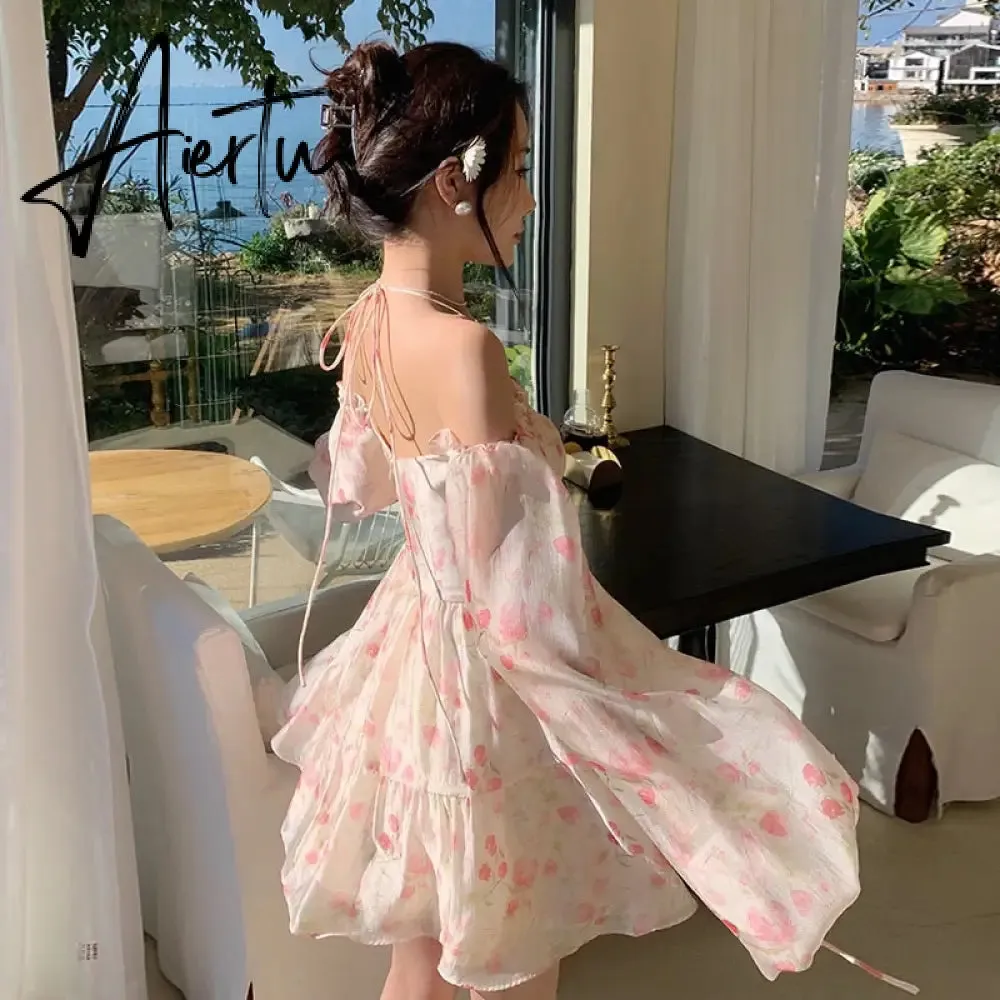 Aiertu Summer Floral Dress Women Slash Neck Female Long Sleeve Fairy Dress Off Shoulder Pink A-line Elegant  Beach Short Dresses