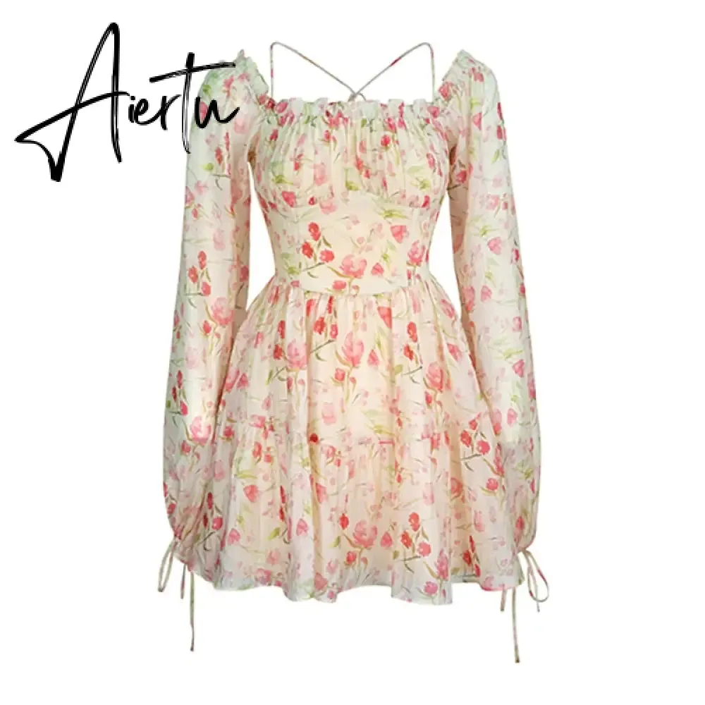 Aiertu Summer Floral Dress Women Slash Neck Female Long Sleeve Fairy Dress Off Shoulder Pink A-line Elegant  Beach Short Dresses