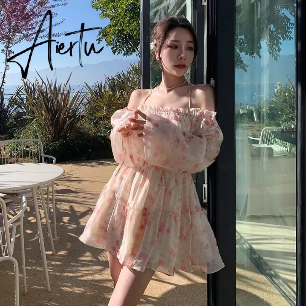 Aiertu Summer Floral Dress Women Slash Neck Female Long Sleeve Fairy Dress Off Shoulder Pink A-line Elegant  Beach Short Dresses