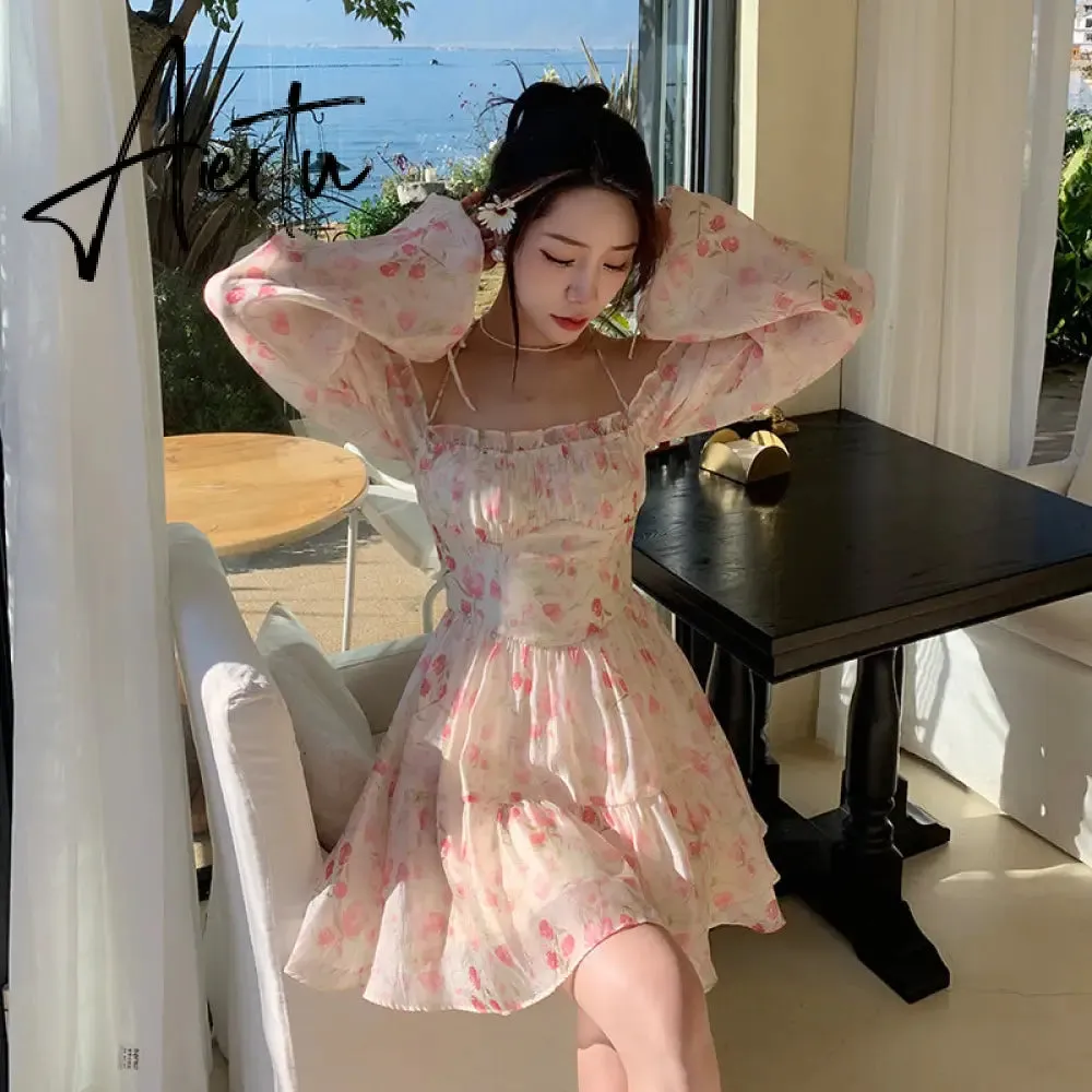 Aiertu Summer Floral Dress Women Slash Neck Female Long Sleeve Fairy Dress Off Shoulder Pink A-line Elegant  Beach Short Dresses