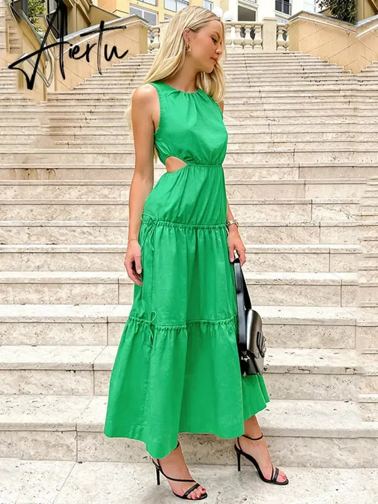 Aiertu Waist Hollow Out Sexy Summer Elegant Ladies Maxi Long Green Dress Solid O Neck Casual Sleeveless A-line Dress Sundress