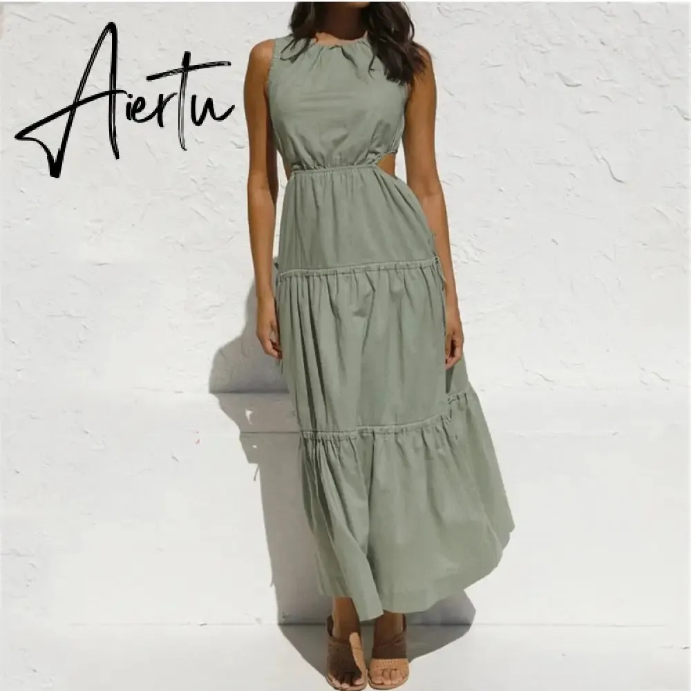 Aiertu Waist Hollow Out Sexy Summer Elegant Ladies Maxi Long Green Dress Solid O Neck Casual Sleeveless A-line Dress Sundress