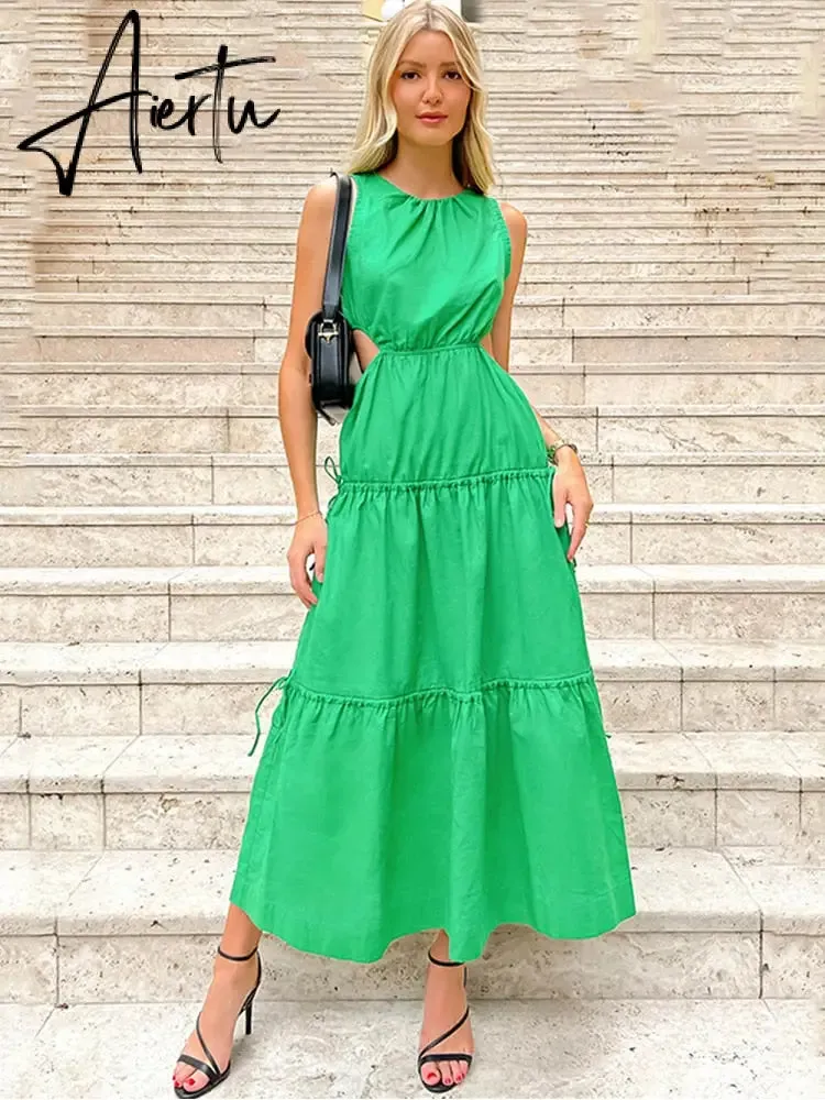 Aiertu Waist Hollow Out Sexy Summer Elegant Ladies Maxi Long Green Dress Solid O Neck Casual Sleeveless A-line Dress Sundress