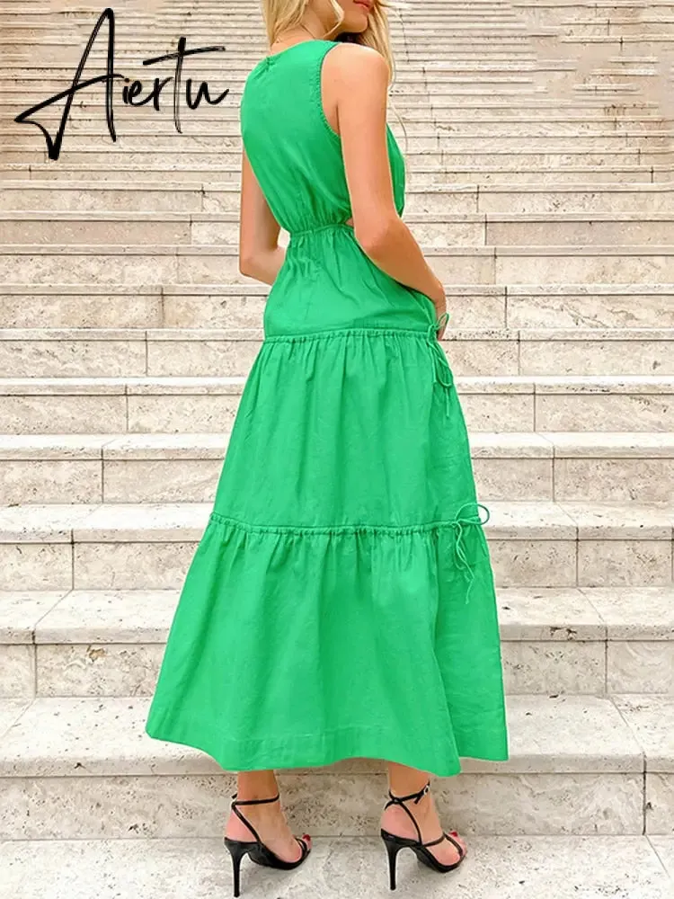 Aiertu Waist Hollow Out Sexy Summer Elegant Ladies Maxi Long Green Dress Solid O Neck Casual Sleeveless A-line Dress Sundress