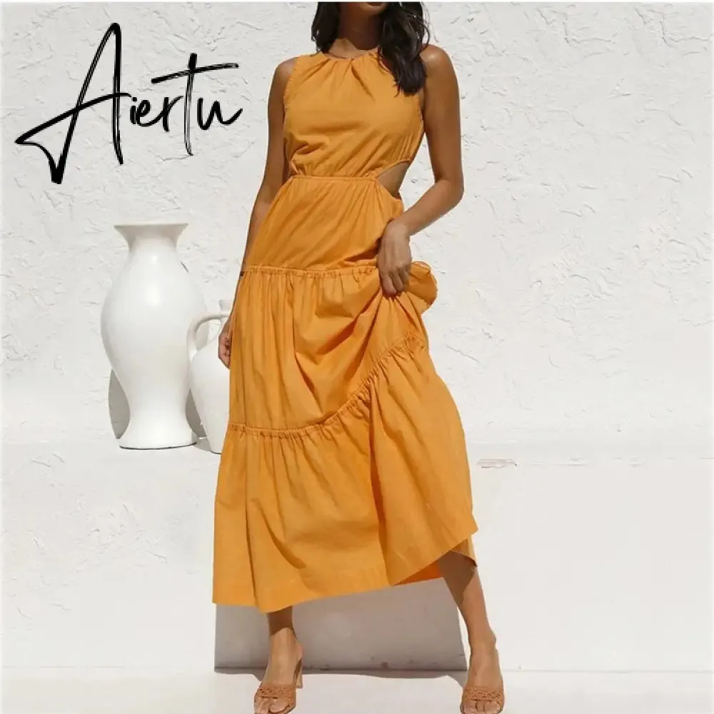 Aiertu Waist Hollow Out Sexy Summer Elegant Ladies Maxi Long Green Dress Solid O Neck Casual Sleeveless A-line Dress Sundress