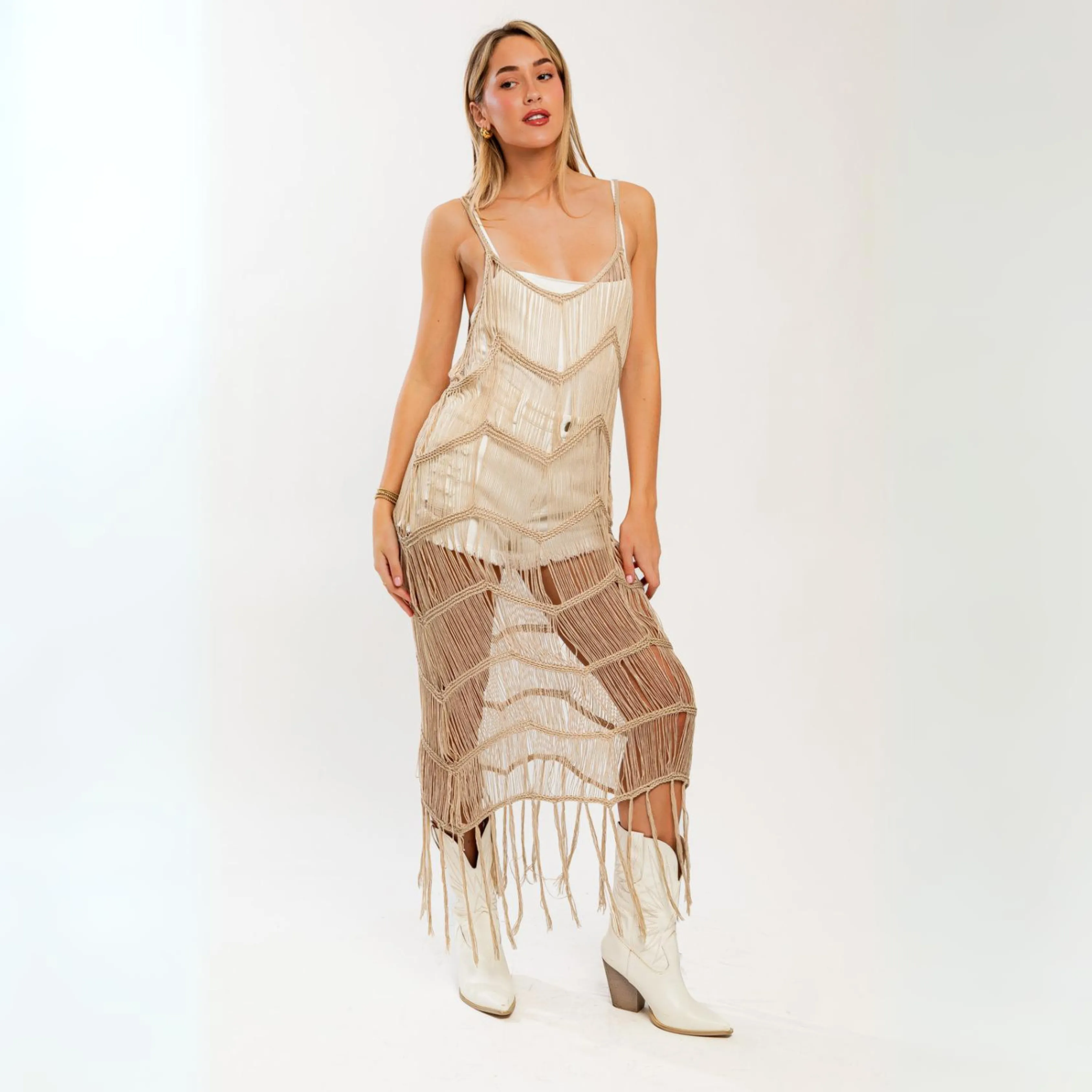 bare illusion fringe dress