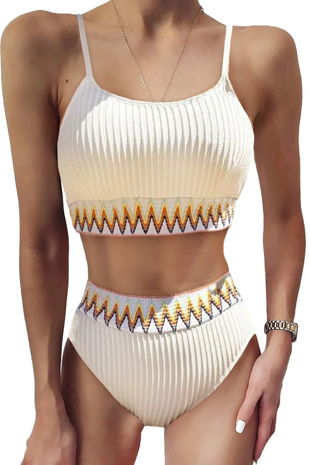 Beige Ribbed Leaf Print High Waist Bikini Set