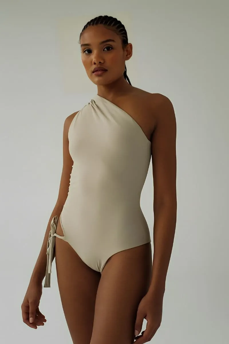 BEIGE TALIA ONE SHOULDER SWIMSUIT