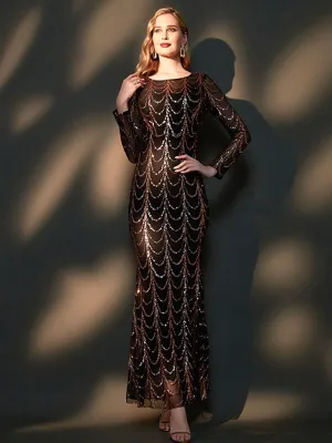 Black Sequin Long Sleeves Boat Neck Floor Length Mermaid Evening Gown