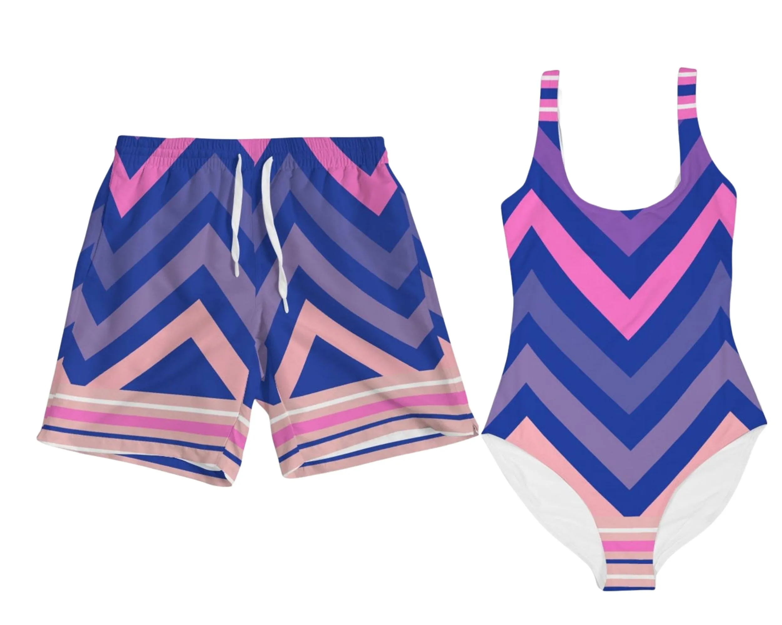 BLUE CHEVRON PRINT COUPLES MATCHING SWIMSUITS