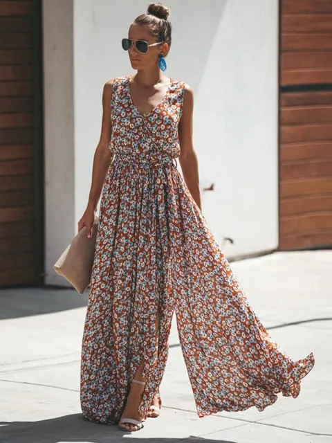 Bohemian Hippie Beach Long Dress Floral Print Maxi Dresses