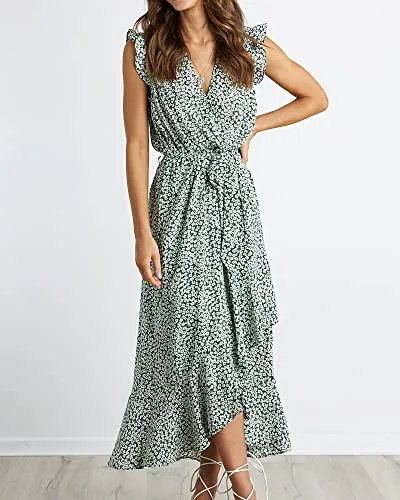 BTFBM Women Summer Dresses 2023 Ruffle Cap Sleeve V Neck Belt Wrap Split Boho Floral Long Casual Party Beach Maxi Dress(Floral Print Green, Small)