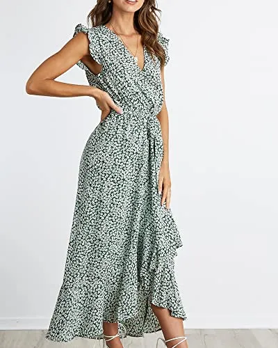 BTFBM Women Summer Dresses 2023 Ruffle Cap Sleeve V Neck Belt Wrap Split Boho Floral Long Casual Party Beach Maxi Dress(Floral Print Green, Small)