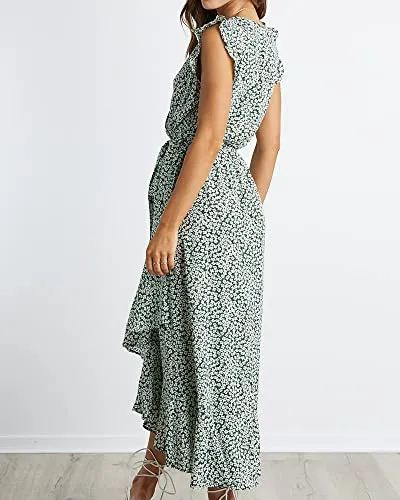 BTFBM Women Summer Dresses 2023 Ruffle Cap Sleeve V Neck Belt Wrap Split Boho Floral Long Casual Party Beach Maxi Dress(Floral Print Green, Small)