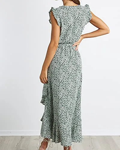 BTFBM Women Summer Dresses 2023 Ruffle Cap Sleeve V Neck Belt Wrap Split Boho Floral Long Casual Party Beach Maxi Dress(Floral Print Green, Small)