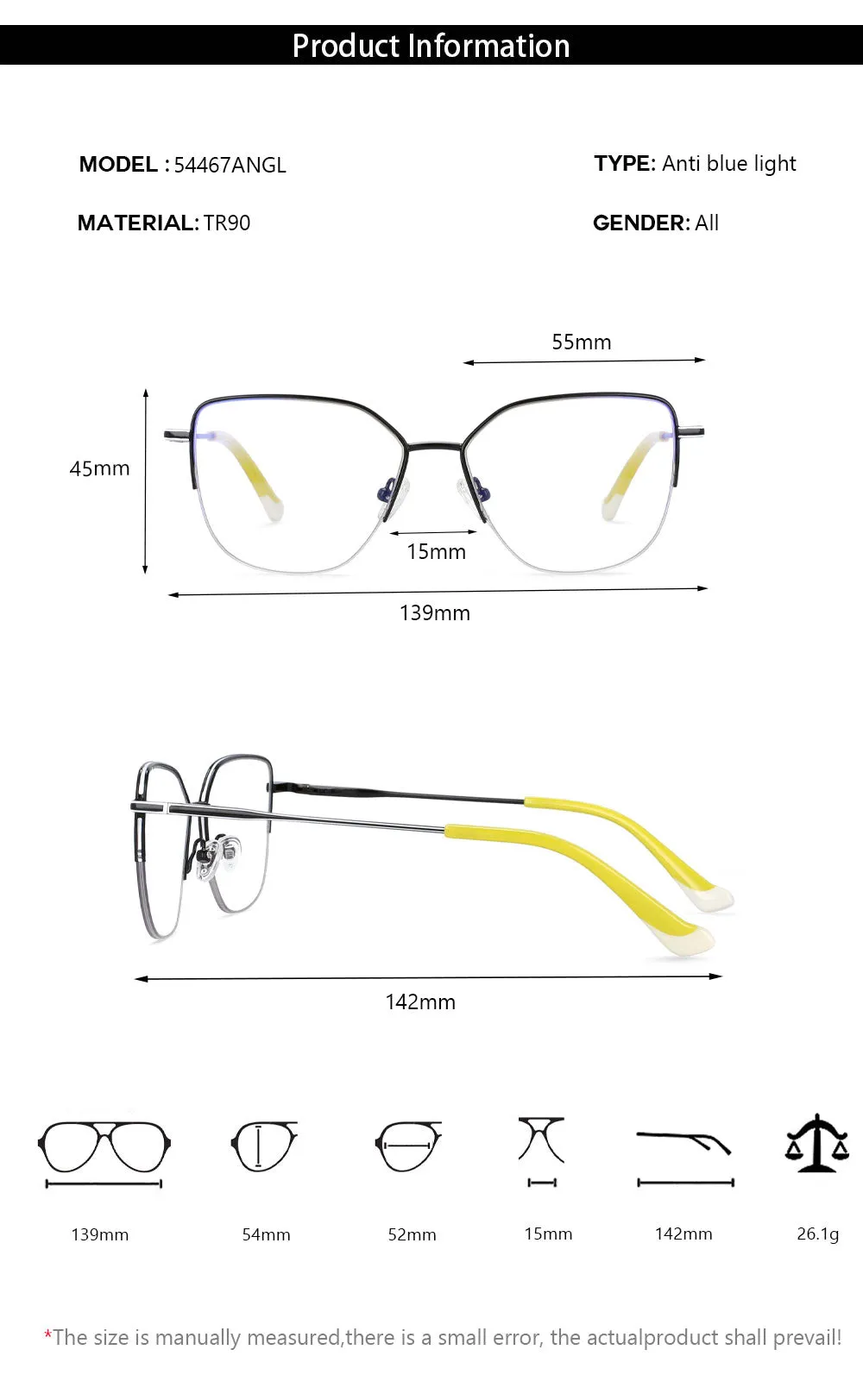 CCspace Unisex Semi Rim Square Alloy Frame Eyeglasses 54468