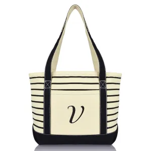 Dalix  Striped V-Initial Tote Bag Womens Ballent Letter V