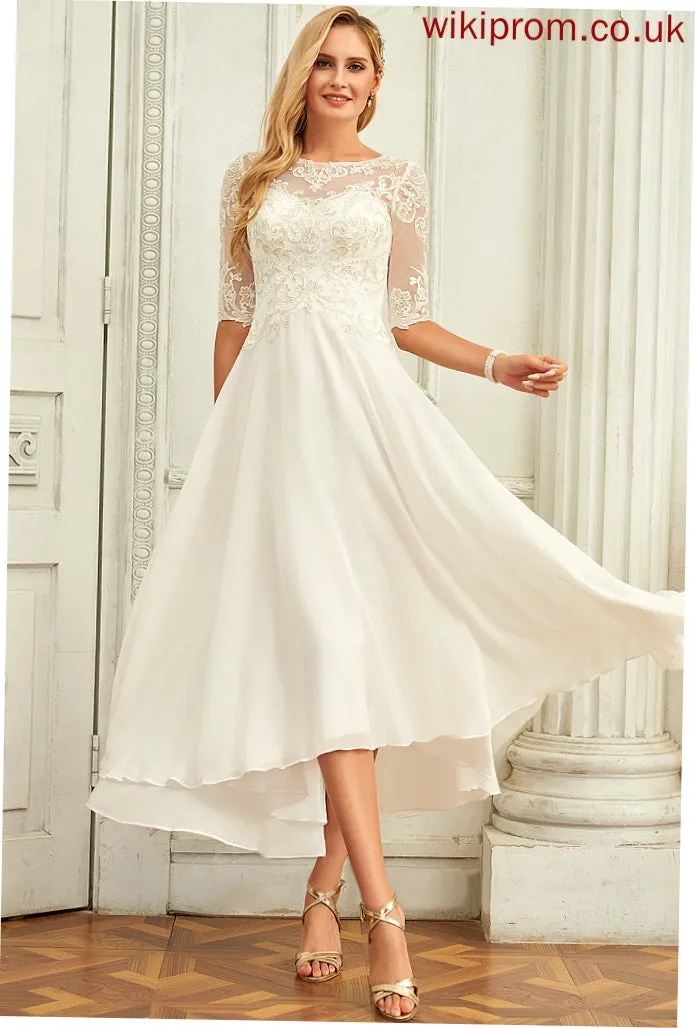 Desirae Wedding Neck Dress Asymmetrical Beading Chiffon Wedding Dresses A-Line Sequins Lace Scoop With