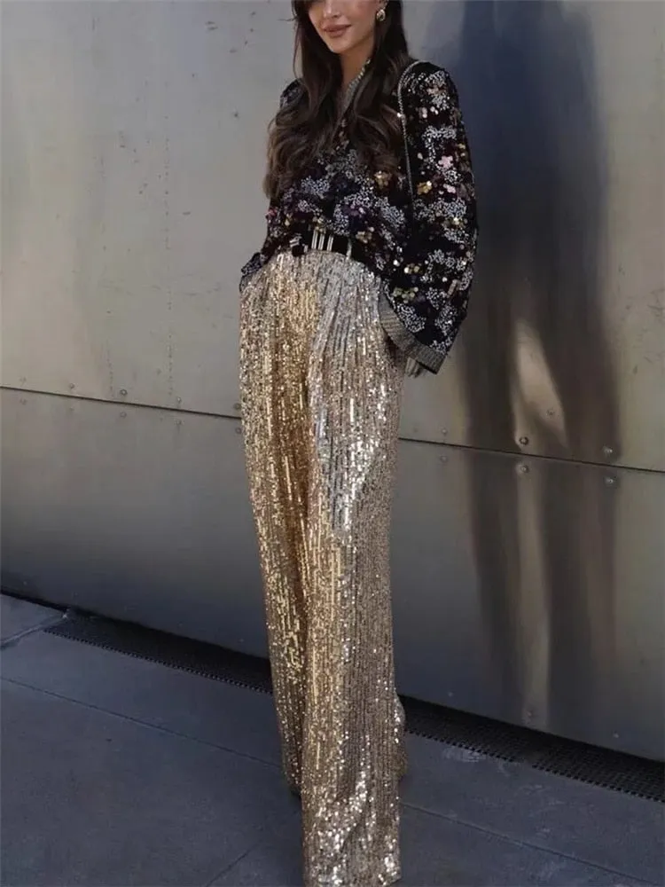 Elegant Golden Sequined Straight Pants Shiny Party Pant