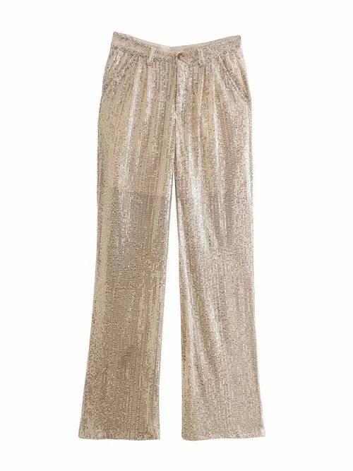 Elegant Golden Sequined Straight Pants Shiny Party Pant