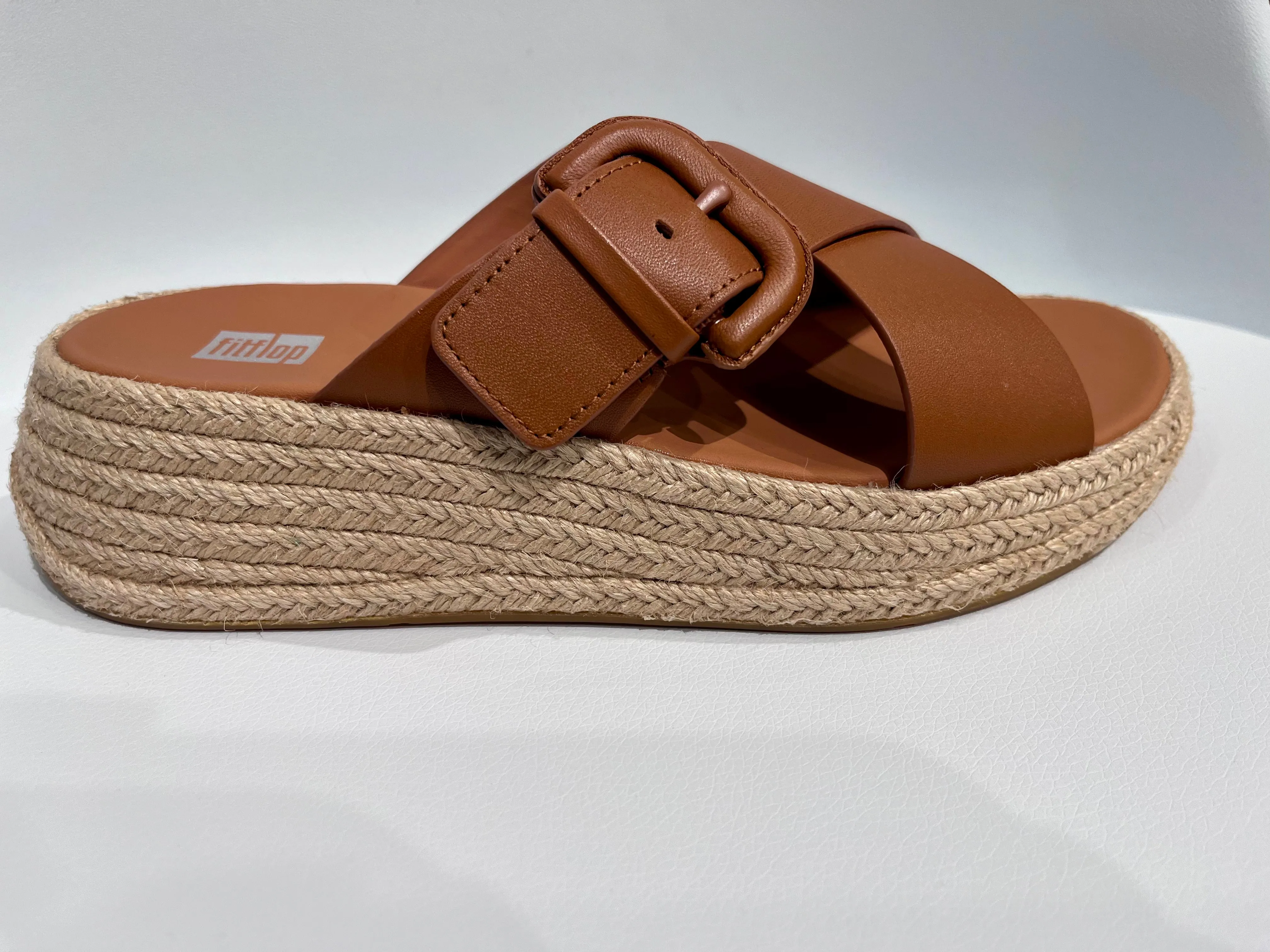 FitFlop F-Mode Espadrille Buckle Leather Slides | Light Tan