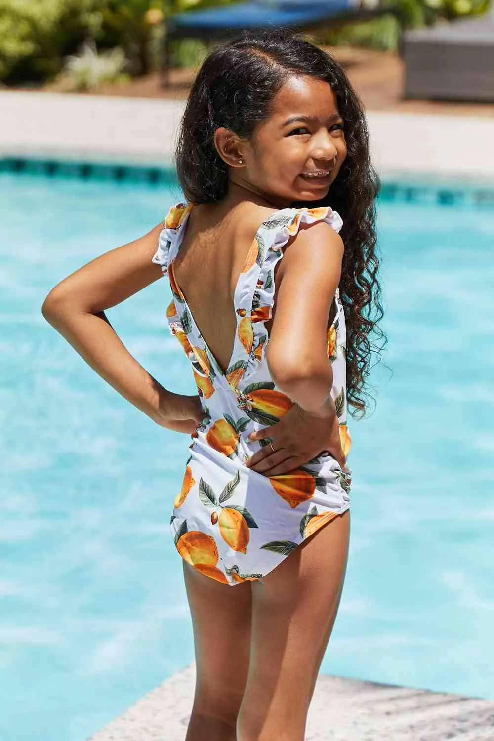 Float On Ruffled Girls One-Piece Swimsuit in Citrus Orange