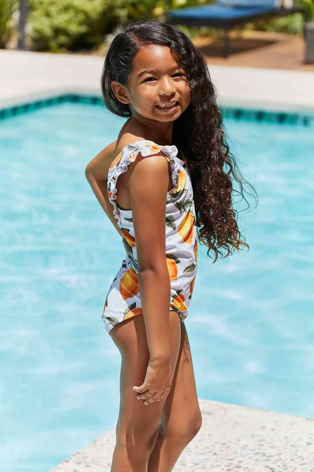 Float On Ruffled Girls One-Piece Swimsuit in Citrus Orange