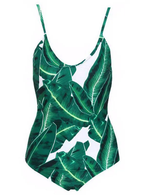 Green Leaf Printed One-piece Cut Out Swimsuit