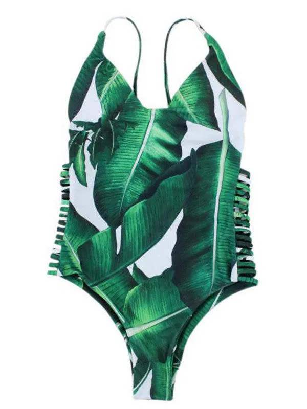 Green Leaf Printed One-piece Cut Out Swimsuit