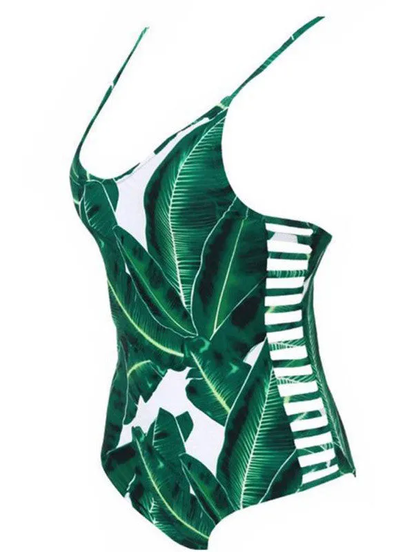 Green Leaf Printed One-piece Cut Out Swimsuit