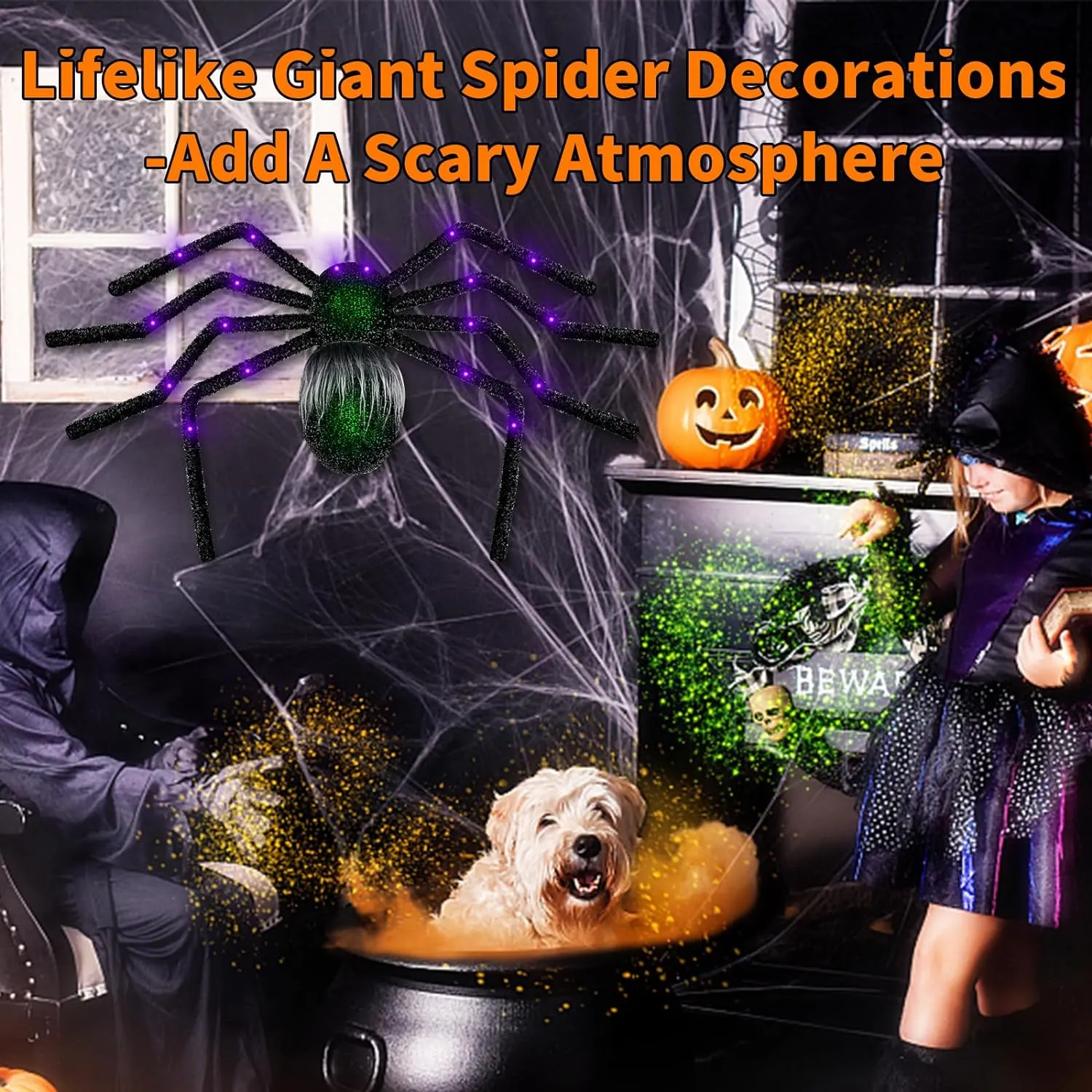 Halloween Decorations Outdoor,2023 Upgraded Light Up Giant Halloween Spider Decorations Bendable Fake Spider with Back Gradient Light,Halloween Decor for Home Yard Costumes Parties Garden Lawn