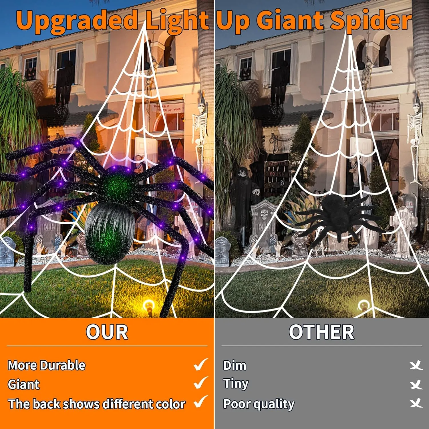 Halloween Decorations Outdoor,2023 Upgraded Light Up Giant Halloween Spider Decorations Bendable Fake Spider with Back Gradient Light,Halloween Decor for Home Yard Costumes Parties Garden Lawn