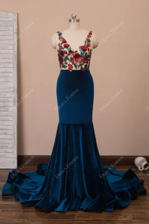 Ink Blue Velvet Illusion Sequin Flowers Mermaid Long Prom Dress