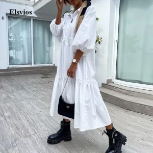 Joskaa Summer Women Half Sleeve Long Dress Casual Button Turn-down Collar Loose Shirt Dress 2024 Spring Solid Lady Party Dress Vestidos