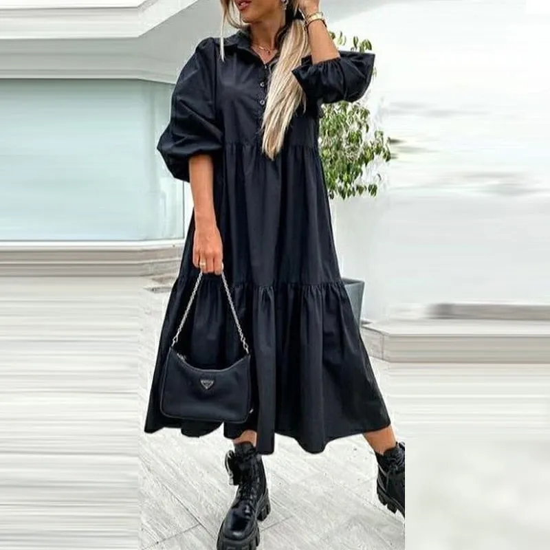 Joskaa Summer Women Half Sleeve Long Dress Casual Button Turn-down Collar Loose Shirt Dress 2024 Spring Solid Lady Party Dress Vestidos