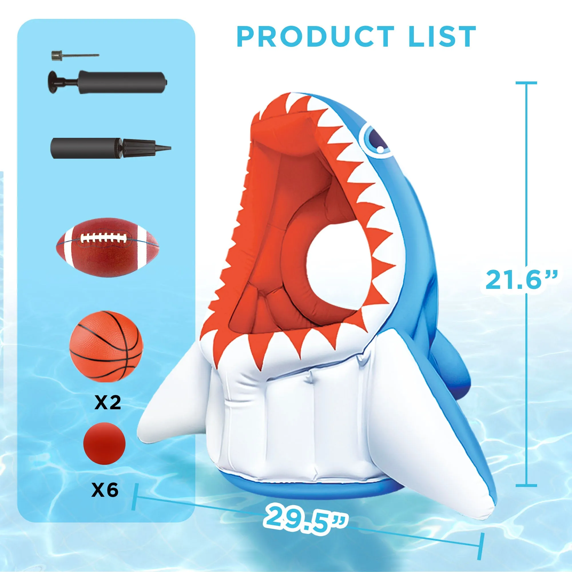 Kids Shark Pool Toys, inflatable Float Basketball Football Head Hoop Toss Water Game