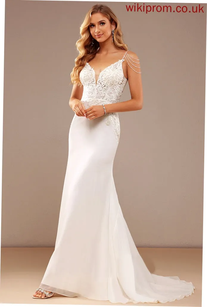 Lace Phoenix Train Wedding Lace Dress Chiffon Court Wedding Dresses Trumpet/Mermaid V-neck Beading Sequins With